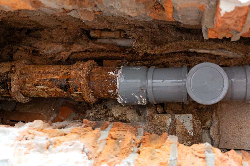 A close-up of old, rusty metal pipes next to new, gray plastic pipes within a damaged brick wall, showing a plumbing repair in progress.