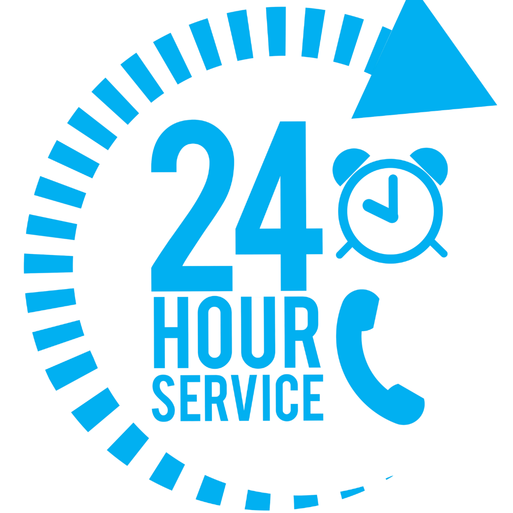 Blue graphic showing "24 Hour Service" with a clock, phone icon, and segmented circular arrow suggesting around-the-clock availability.