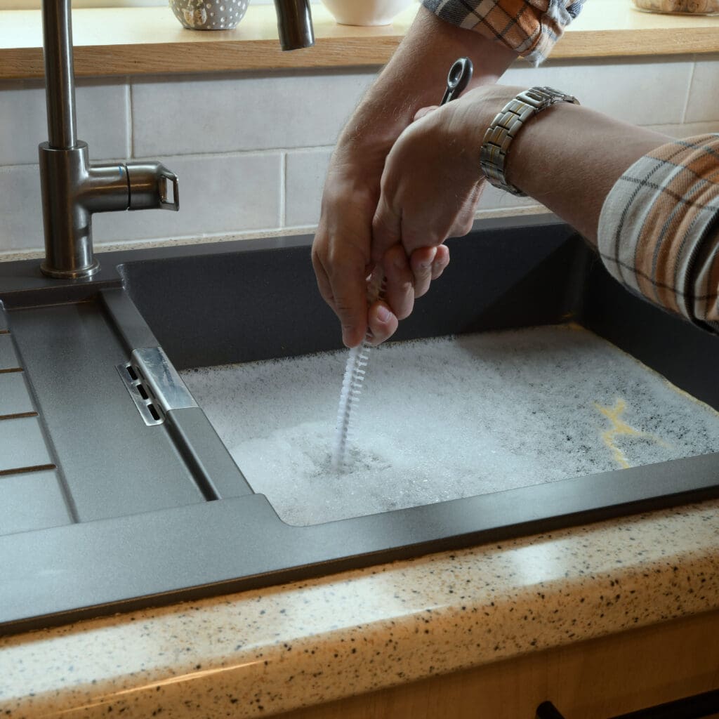 A person wearing a plaid shirt cleans a dish brush under running water in a kitchen sink filled with soapy water. The countertop is light-colored, and the faucet is modern.
